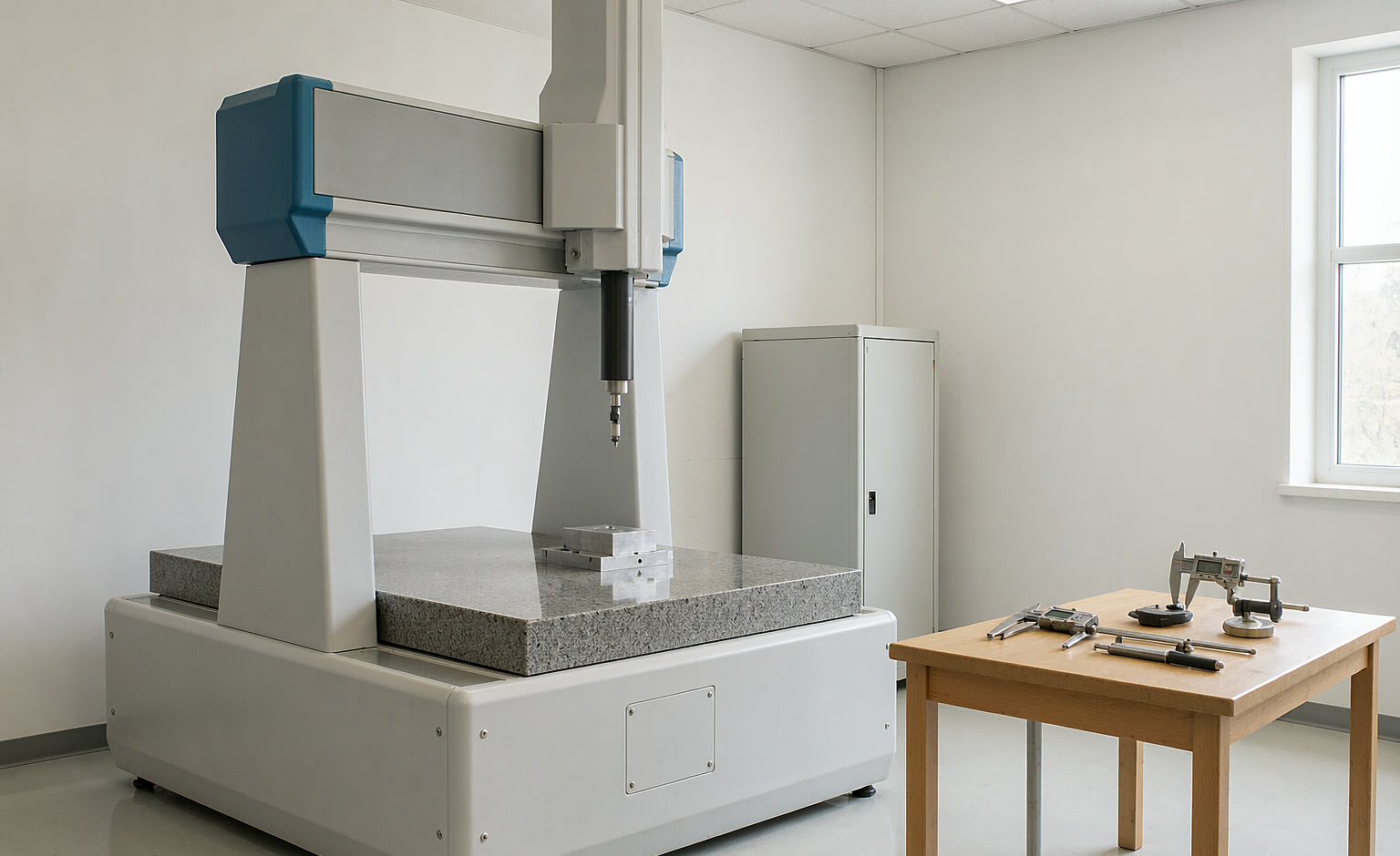 CMM probe above a machined part on a granite surface plate