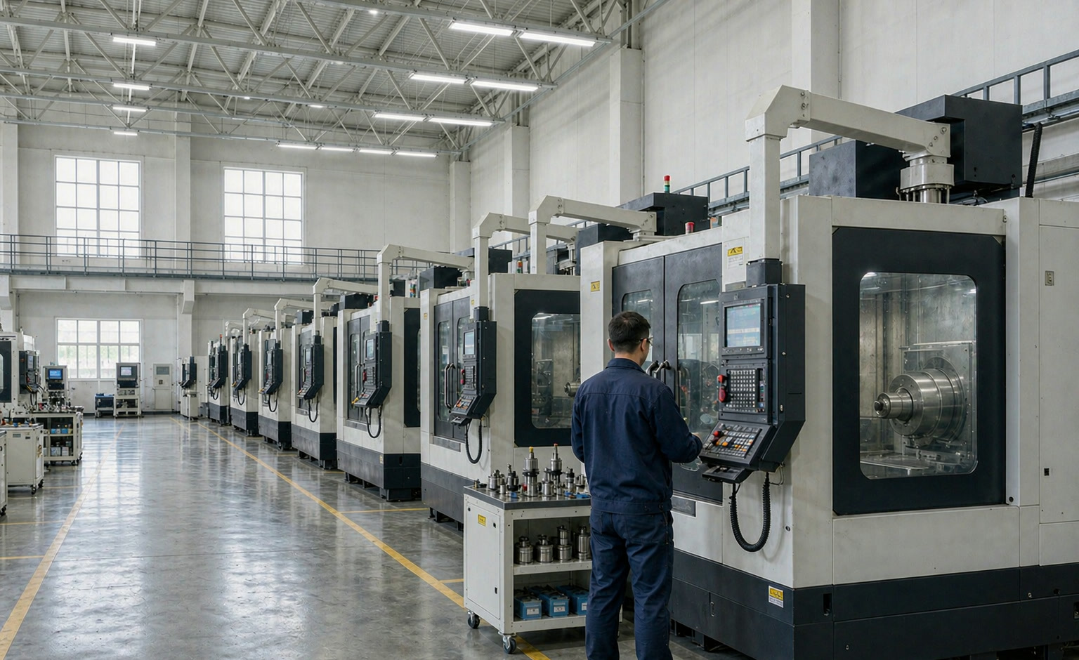 Technician at the control panel of a CNC machining centre
