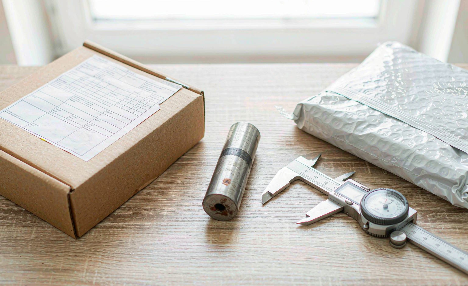Sample parcel with customs form beside a worn part and caliper