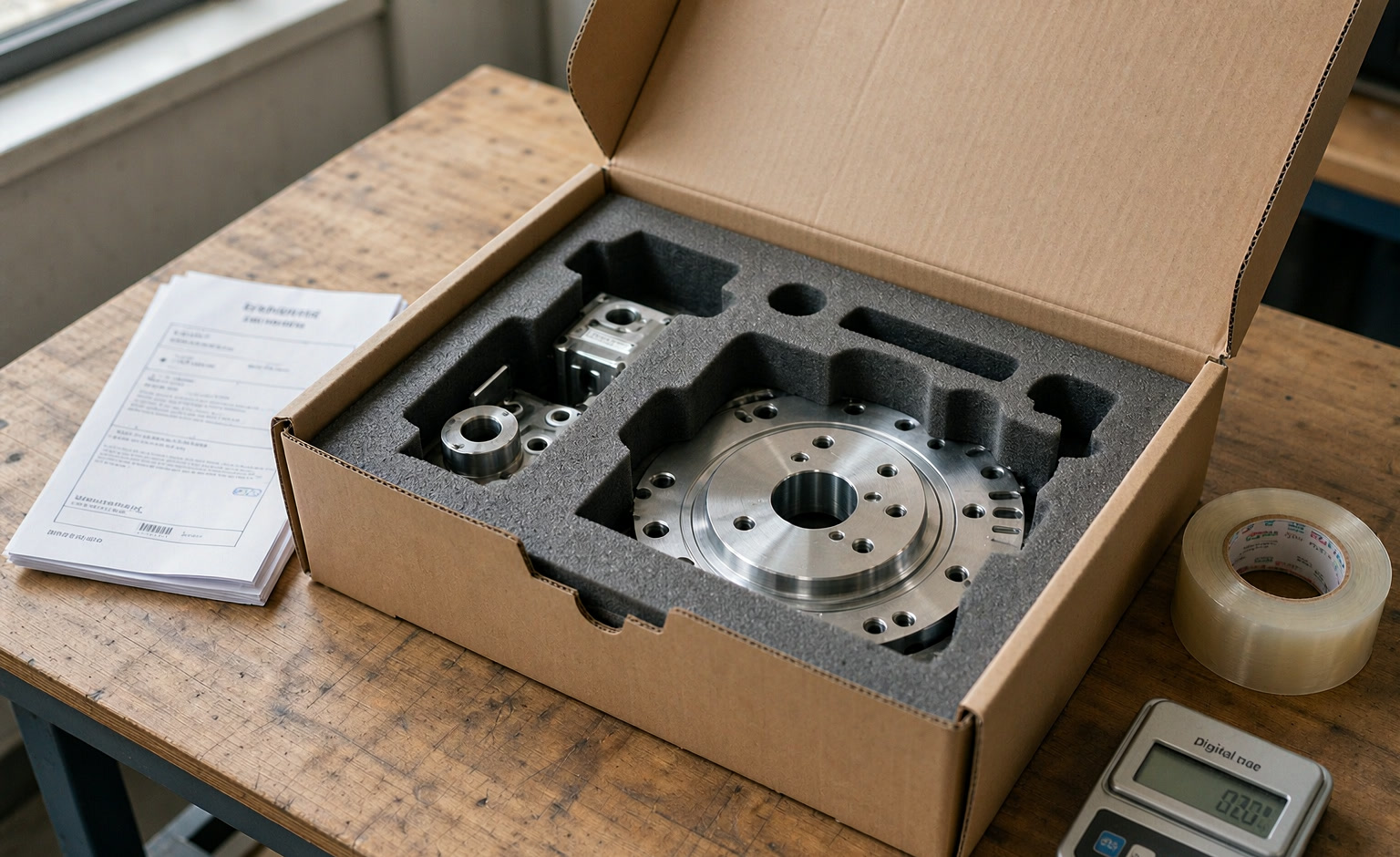 Foam insert with machined parts in a carton beside a packing list
